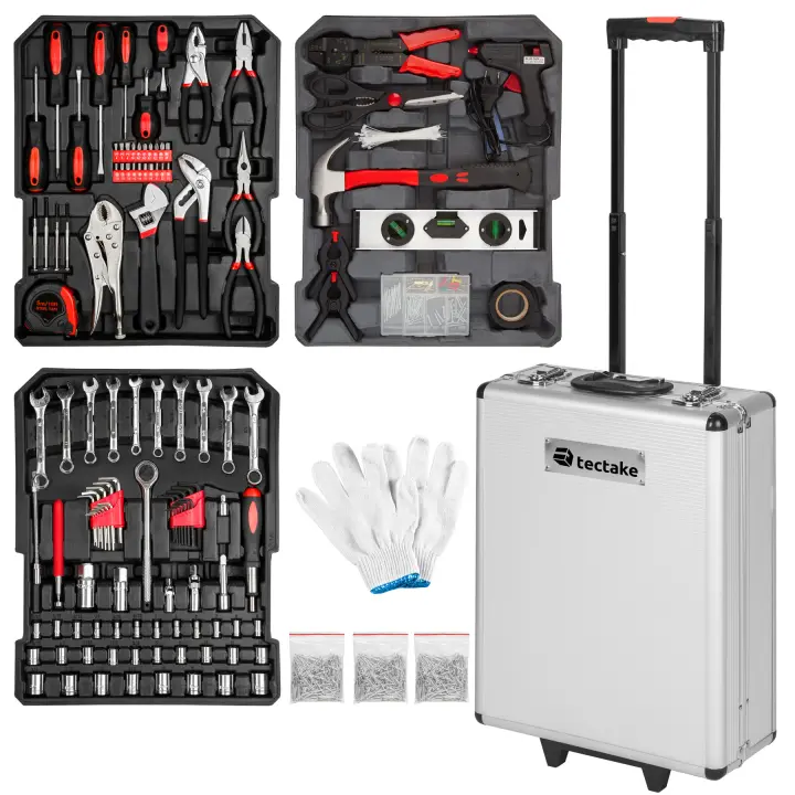 Tectake - Maleta de herramientas de aluminio con 799 elementos  Maleta de herramientas de aluminio con 799 elementos  Las herramientas están repartidas en 3 bandejas  Trolley con ruedas y un asa telescópica para poder arrastrarlo - 1