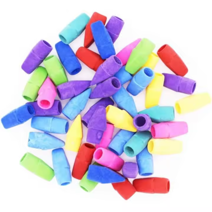 Juego de 100 borradores de goma con tapa de lápiz, borradores escolares, papelería para niños, papelería para estudiantes (colores variados) - 1