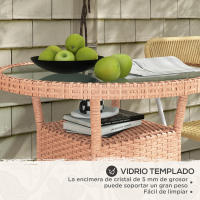 Outsunny Mesa de Ratán Redonda Ø80x75 cm Mesa de Jardín con Estante Tablero de Vidrio y Marco de Acero Carga 50 kg para Terraza Patio Natural - details 5
