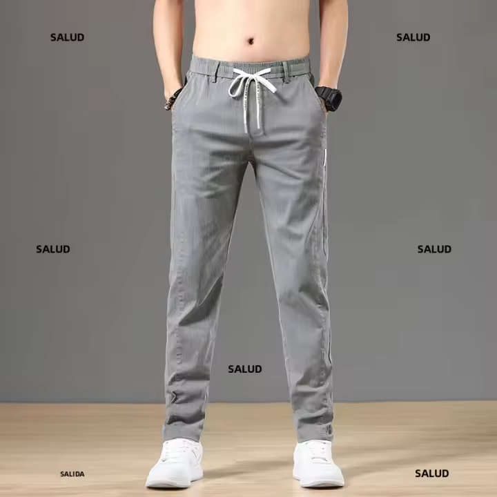 Pantalones Casuales Para Hombre De Algodón Y Spandex Con Cintura Elástica Y Cordón Estilo Clásico Y Moda Para Primavera Otoño Trousers Gris Cargo Ajustables De 28-38 - 1