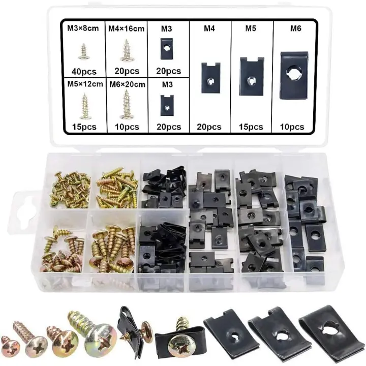 Grapas para carrocería de automóvil, 170 piezas, surtido de tornillos y tuercas de jaula con clip en U para motocicletas, scooters, quads, automóviles antiguos, cortadoras de césped, tractores - 1