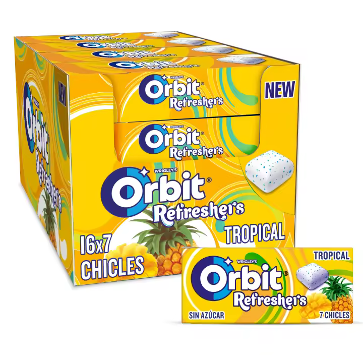 Orbit Refreshers, Chicles Sin Azúcar, Sabor Tropical, en Formato Gragea, Paquete de Bolsillo, 16 Paquetes x7 Unidades - 1