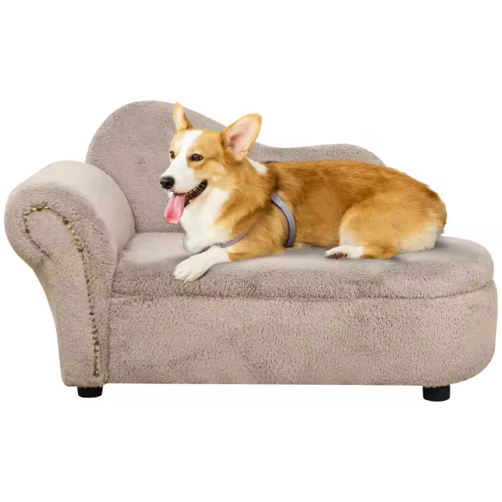 PawHut Sofá para Perros, Sofá para Mascotas con Aspecto de Terciopelo, Sofá para Perros, Sofá para Gatos, Silla para Perros con Patas de Madera, Cama para Mascotas con Espacio de Almacenamiento, Beige, 80 x 40 x 46 cm - 1