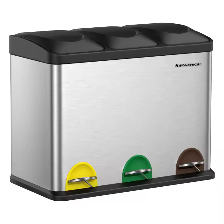 SONGMICS Cubo Triple para Cocina, Cubo Basura de Reciclaje, Pedal, Cubo de Basura de Metal 45 L, Sistema de Separación de Residuos Cubo para Cocina, 3 x 15 L, con Tapa, Acero, Plata/Blanco/Negro/Gris Verdoso - 1