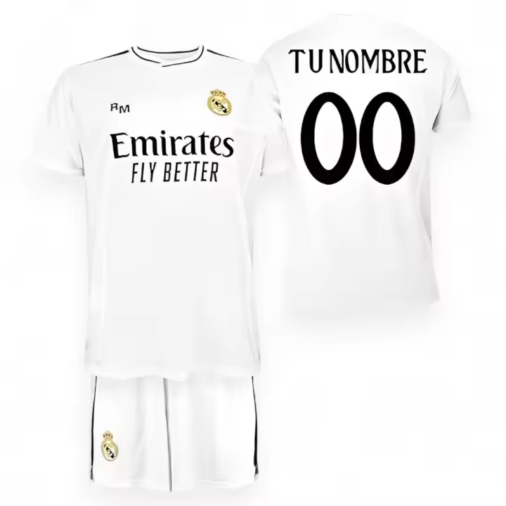Real Madrid Conjunto Camiseta y Pantalón Personalizado de la Primera Equipación Temporada 2024-2025 - Réplica Oficial Autorizada con Licencia - Niño (Personalización FR/ES, Edad 12 años, Regular, Blanco) - 1