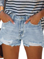 Shorts De Mezclilla Destrozados Para Mujer Cintura Media Estilo Casual Popular En Primavera Y Verano Moda Larga Y Suelta - details 5