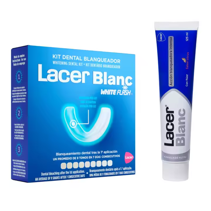 LACERBLANC - Kit Dental Blanqueador, Incluye Gel Dental Preparador + Gel Dental Blanqueador White Flash + Pasta de Dientes Sabor Menta 150 ml, Blanqueamiento Dental en Casa - 1