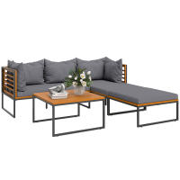 Outsunny Conjunto de Jardín Exterior de 4 Piezas Muebles Jardín Exterior en Forma de L con 2 Sofás de 2 Plazas Sofá de Esquina y Mesa de Centro de Madera de Acacia con Cojines Acolchados Gris y Teca - details 0