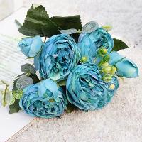 1 Bouquet De Flores Artificiales Azul Peonía Y Rosa Para Decoración De Bodas Y Salón De Estilo Otoño Material Seda - details 0