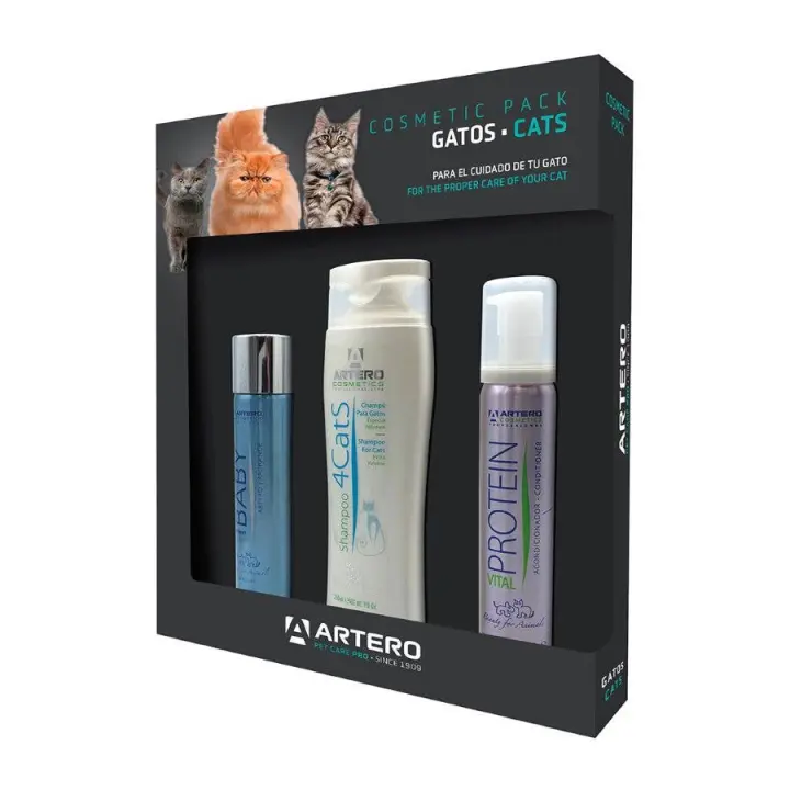 Artero Pack Productos Gatos - Kit Especial Cuidado Pelo Piel Gato - Champú 4Cats 250 Ml - Acondicionador Protein Vital 100 Ml - Perfume Baby 90 Ml - Alta Calidad - Mantener Mascota Perfecta - 1