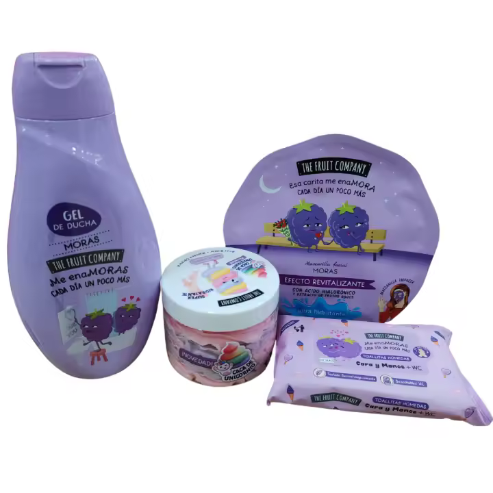 The Fruit Company Pack Mora Productos de cosmética - gel de baño, manteca corporal, mascarilla facial y toallitas. - 1