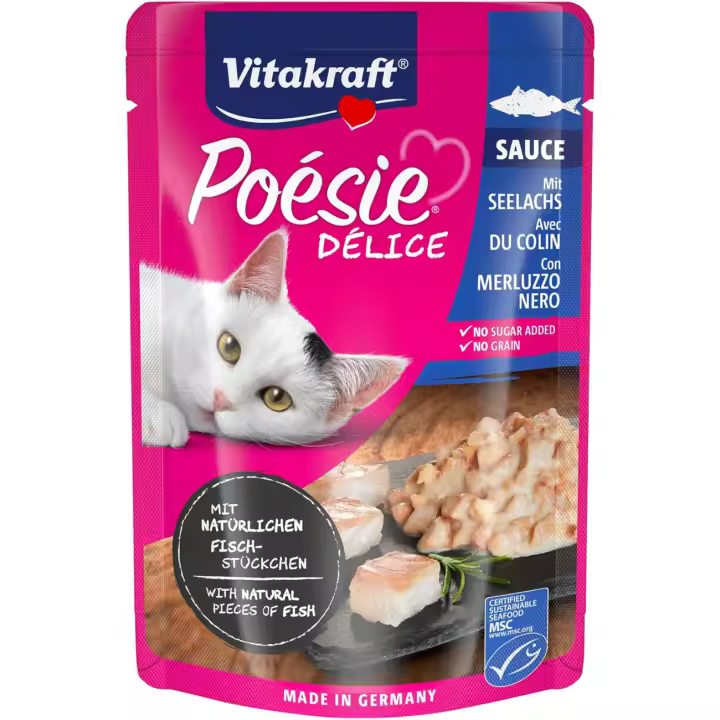 Vitakraft Poesie Delice Salsa con Abadejo 85 g - Comida Húmeda para Gatos, Bocaditos en Salsita, Sin Cereales - 1