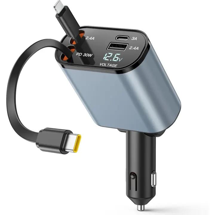 Cargador Retractil Coche Carga Rápida 4 en 1 Adaptador 2 Cables Retráctiles Carga Rápida USB C de 69W Adaptador Car con Pantalla de Tensión Compatible con iPhone Samsung para 12V 24V Car - 1