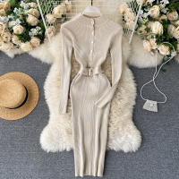 Vestido REALEFT De Punto Para Mujer Con Cuello Alto Y Mangas Largas Estampado Sólido Estilo Casual Vestido De Abrazo Largo Hasta La Rodilla Para Otoño E Invierno - details 28