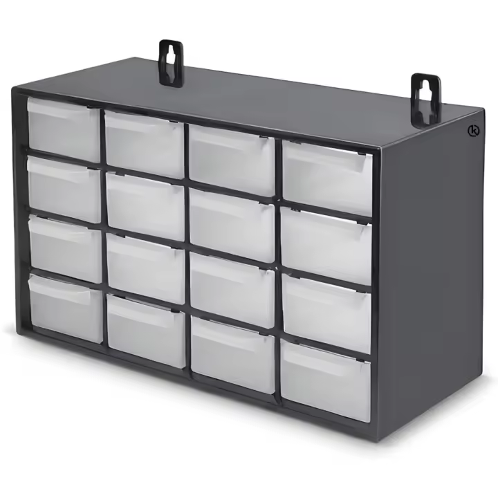 C.A - Clasificador Modular de Pared Apilable, 27 x 17 x 12,5 cm, 16 Cajones, Almacenamiento de Pequeñas Herramientas, Tornillos, Marco de Polipropileno, Cajones Transparentes - 1