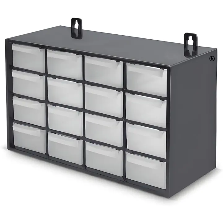 C.A - Clasificador Modular de Pared Apilable, 27 x 17 x 12,5 cm, 16 Cajones, Almacenamiento de Pequeñas Herramientas, Tornillos, Marco de Polipropileno, Cajones Transparentes - 1