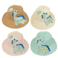 Sombrero de paja infantil con estampado de dinosaurio para verano, ideal para playa y protección solar, diseño divertido para niños y niñas, perfecto para uso familiar - details 0