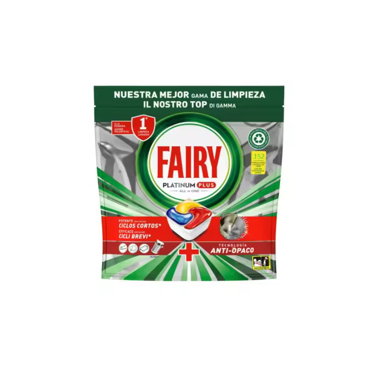 Fairy Platinum - Detergente Pastillas Lavavajillas Plus, Abrillantador, 152 Cápsulas (4 X 38), Limón, Tecnología Anti-Mate Con Acción Abrillantante - 1