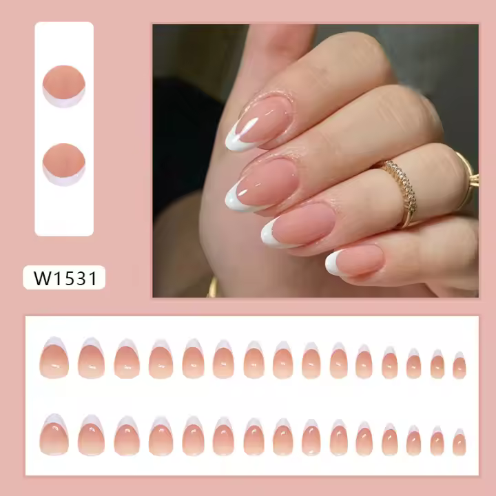 30pcs Uñas Postizas Full Cover Gradient Francés Cortas Almendro Fake Uñas Detenables Presión En Tiempos De Fiesta - 1