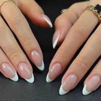 24pcs Uñas Postizas Largas Almendra Blancas Estilo Francés Detalladas Tiras Adhesivas De Uñas Postizas ABS Para Fiesta - details 0