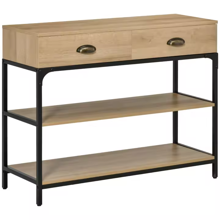 HOMCOM Mesa Consola Mesa de Entrada con 2 Cajones y 2 Estantes de Almacenamiento Marco de Acero Mueble Recibidor para Pasillo Salón 100x35x79,2 cm Roble - 1
