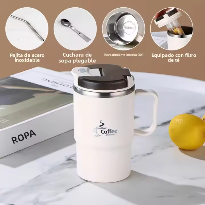 Taza De Café Aislada De Acero Inoxidable 304 Con Tapabocas Y Pajita Taza De Té Con Infusor Para Bebidas Como Agua Leche Jugo Y Café Para Uso Doméstico - 1