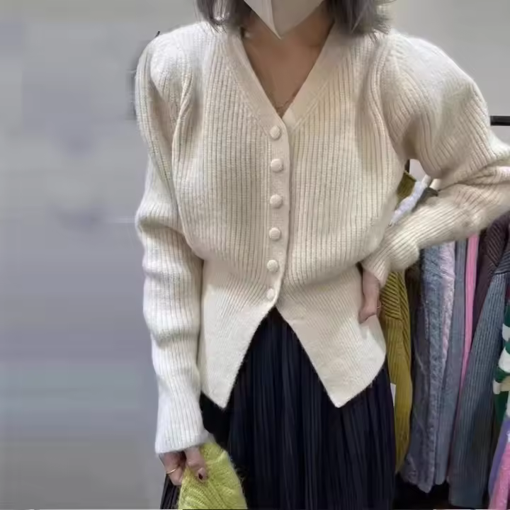 Chaqueta De Suéter Con Cuello En V Para Mujer Corta Para El Primer Otoño Alto-end Chic Top De Punto Cinturado En La Cintura Cardigan Interior - 1