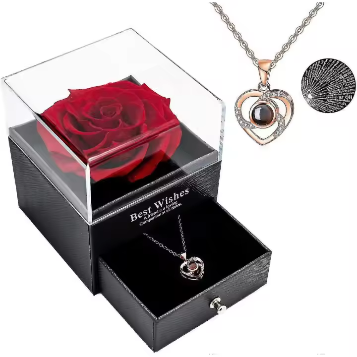 Conjunto de Regalo: Collar con Rosa Preservada Auténtica y Mensaje de "Te Amo" en 100 Idiomas - 1
