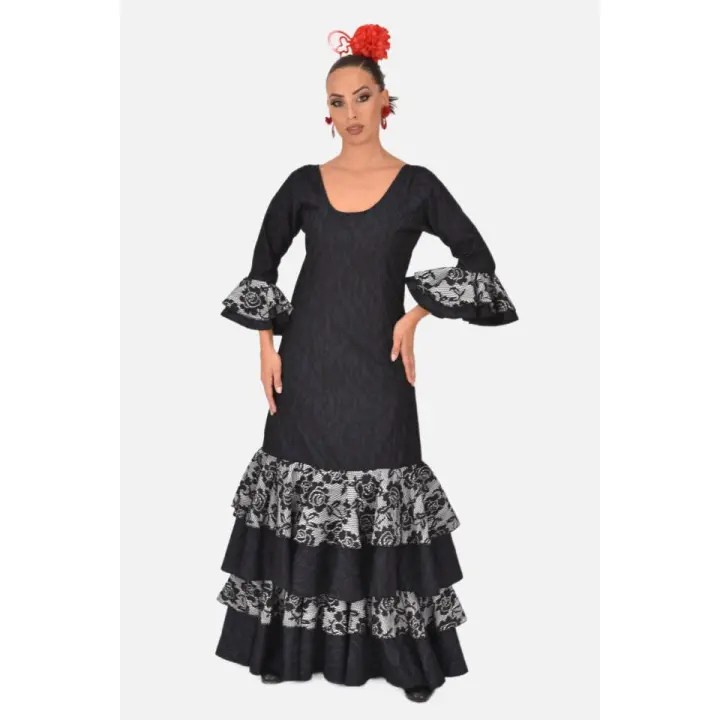 Vestido Negro con Volantes en Encaje Floral y Mangas Largas - 1