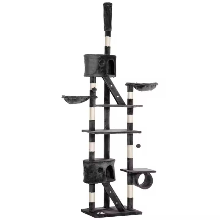 PawHut Árbol Rascador para Gatos 60x45x240-260 cm con Altura Ajustable Múltiples Plataformas Cuevas Cestas y Escaleras de Sisal Natural y Felpa Gris Oscuro - 1