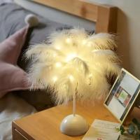 Lámpara De Mesa LED Cálida Pequeña Luz Nocturna Decorativa Para Habitación De Niña Y Novia Lámpara De Lectura Al Lado Del Cama Estilo Nórdico Romántico Con Plumas - details 1