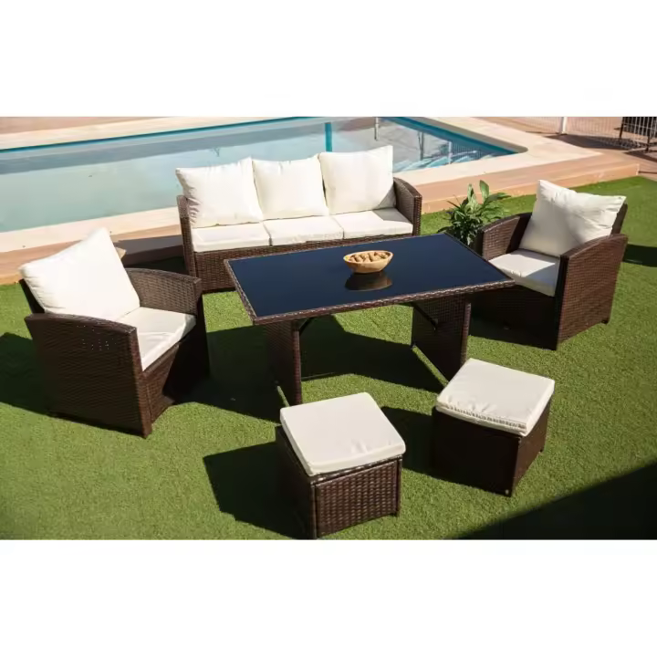 Sofa + Mesa + 2 Sillones+ 2 pufs de Ratan PE. Muebles de Jardin y Terraza     Saldos y Stocks - 1