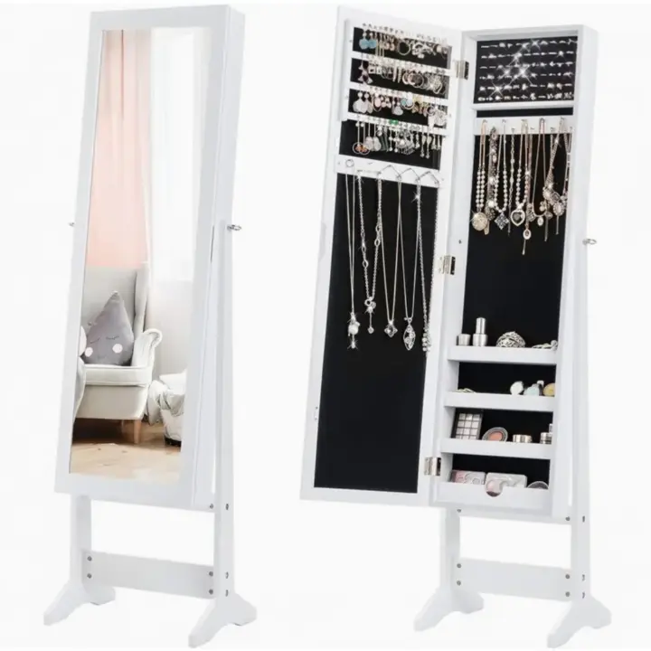 Armario Joyero con Espejo, Organizador de Pie, sin Marco de Cuerpo Entero, Luces LED, Maquillaje Incorporado, Cajones, Cerradura, Joyería de Pie con Inclinación Ajustable y Espejo, Caja de Joyería Blanco Nube - 1