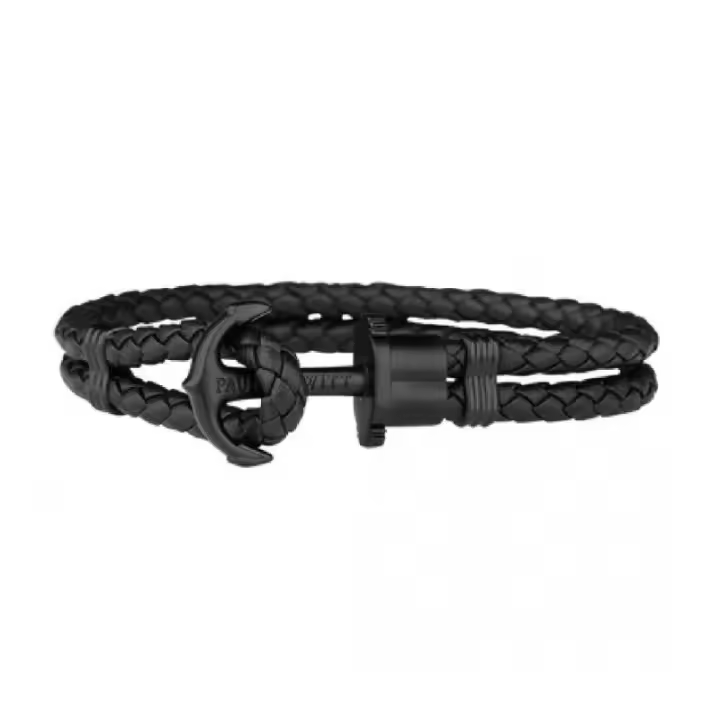 Pulsera PHREP de Cuero en Negro y Ancla de Acero Inoxidable en IP Negro, Ref: PH-PH-L-B-B-S - 1