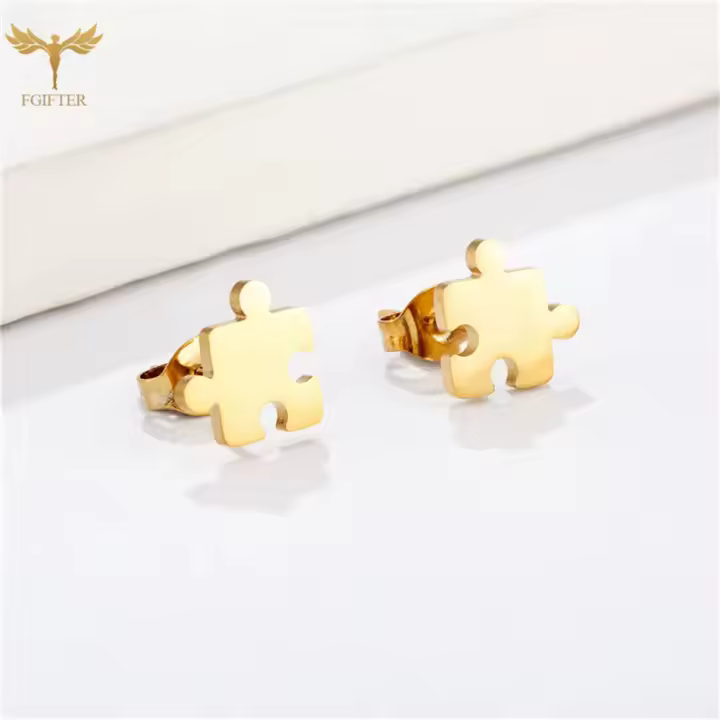 Pendientes Puzzle de Acero Inoxidable Dorado - Diseño Lúdico - Resistente Al Agua - Pack de 2 Unidades - 1