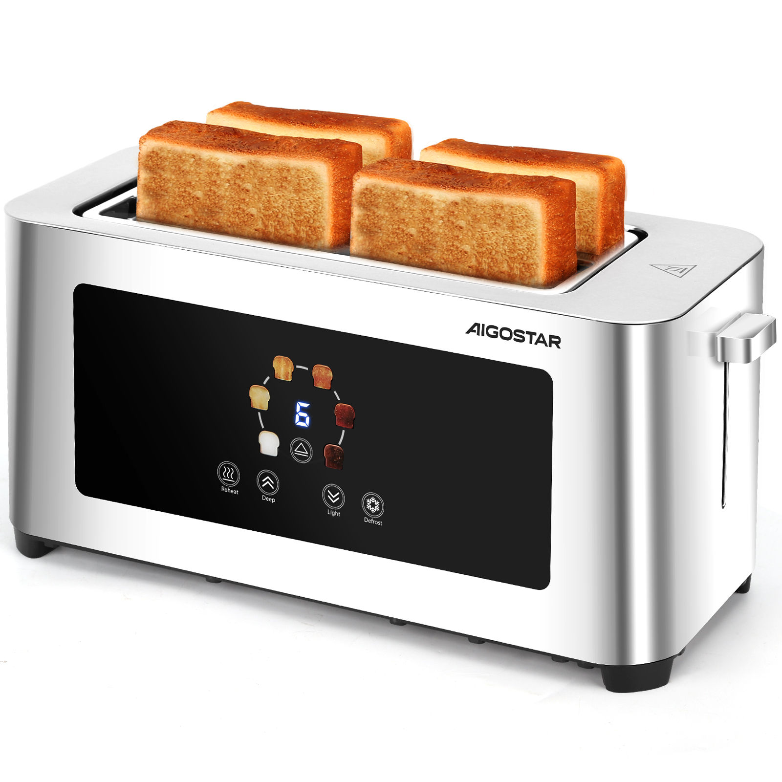 AIGOSTAR Tostadora Electrónica 4 Rebanadas 1400W - Panel Táctil LED, 6 Niveles de Tostado, Ranura Doble Extra Ancha, Función Descongelar/Recalentar, Acero Inoxidable, Centrado Automático