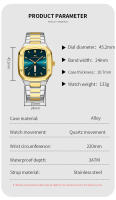 Reloj De Hombre 2024 Moda Cuadrado Acero Inoxidable Azul Oro 3Bar Cuarzo Calendario Semanal Deportivo Simulado Negocios - details 3
