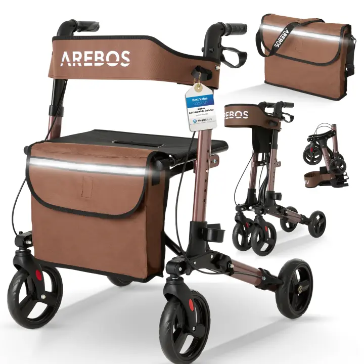 AREBOS Caminador Andador Plegable de Aluminio con Ruedas Ligero con Frenos 136kg MarrÃ³n - 1