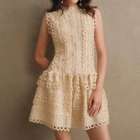 Vestido Mini De Encaje Con Agujeros Huecos Para Mujer Cuello Erguido Sin Mangas Cintura Alta Spliced Botones Estilo Vintage - details 15
