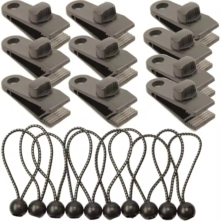 10 piezas de clips para lona, abrazadera para toldo, agarre de bloqueo resistente con 10 piezas de cuerdas elásticas de bola, clips fijos de plástico para carpa de linóleo, abrazaderas para lona, sujetadores para carpa, carpa - 1