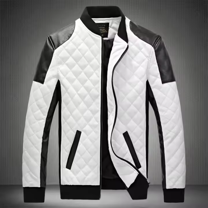 Chaqueta De Cuero PU Para Motociclista Hombre Otoño Invierno Negro Blanco Patchwork Chaqueta De Motociclista Hombre Viento - 1