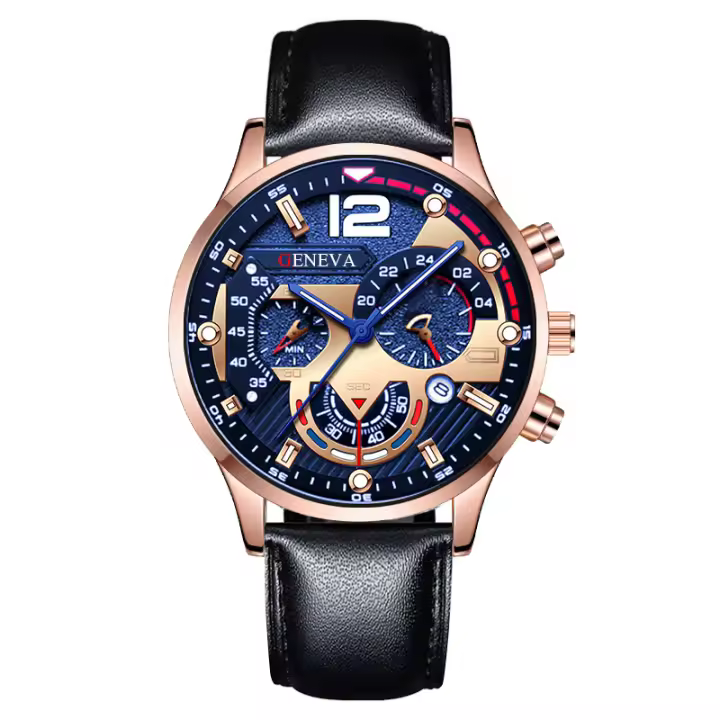 Reloj Hombre Deportivo con Calendario y 6 Agujas - Correa de Cuero Luminoso - Multifuncional - 1