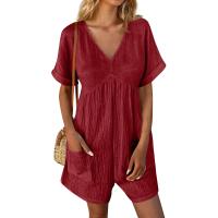 Monos De Verano Casuales Para Mujer Con Hombros Descubiertos Y Mangas Cortas Ruched Estilo Romper De Piernas Largas Con Bolsillos De Poliéster - details 1