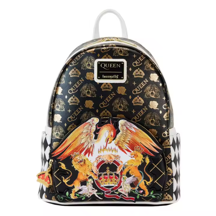 LOUNGEFLY MOCHILA QUEEN LOGO CREST LOUNGEFLY BACKPACK mujer hombre  FREDDY MERCURY JOHN DEACON BRIAN MAY ROGER TAYLOR - 1