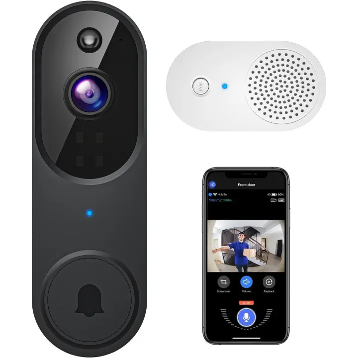 Timbre de video inalámbrico de 1080p + timbre de timbre para interiores, audio bidireccional, visión nocturna, almacenamiento en la nube AES-128, alertas en tiempo real, protección de hogares inteligentes - 1