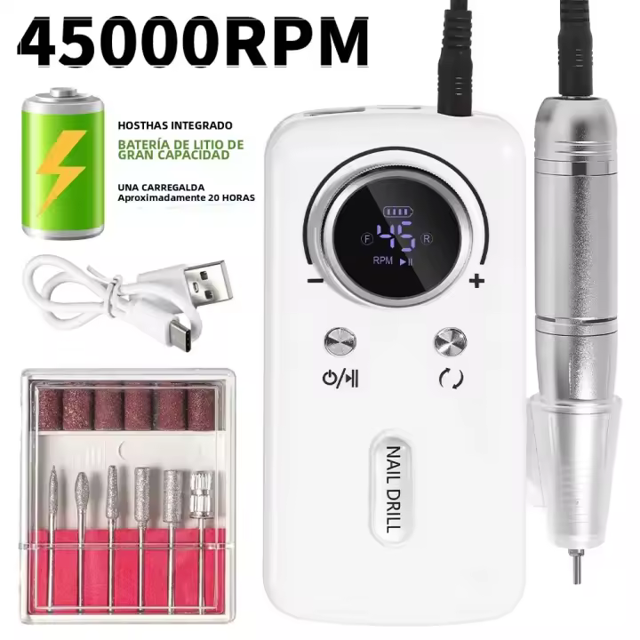 Máquina De Uñas Recargable 45000RPM Con Pantalla LCD Bajo Ruido Profesional Para Pintura De Uñas Set De Accesorios De Uñas - 1
