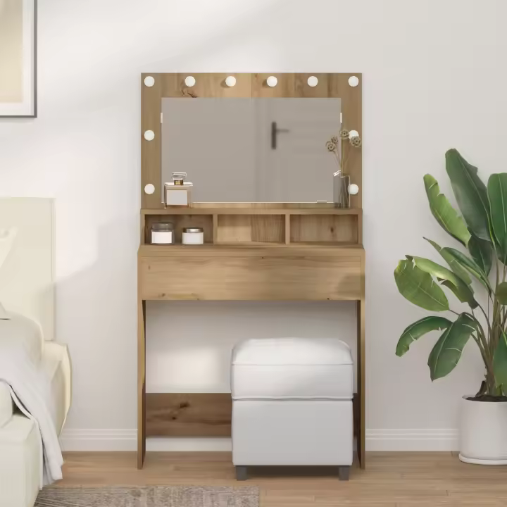 Mesa de tocador vidaXL con luces LED de roble artesanal 79x41x135 cm - 1