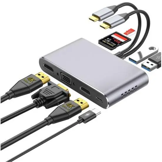 8 en 2 USB Adaptador de corriente, OTG HDMI, TIPO C, SUB 3.0, ADAPTADOR TARJETA  SD, VGA, cubo de la multifunción HUB 4K. Compatible para MacBook. Color Gris - 1