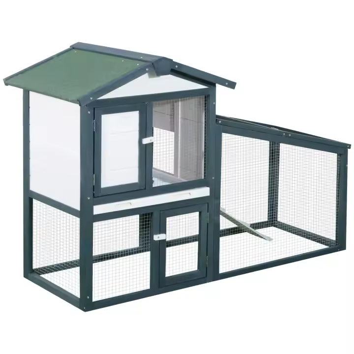 PawHut Conejera de Madera Exterior Jaula para Conejos de 2 Niveles con Bandeja Extraíble y Múltiples Entradas Techo de Asfalto Cobayas Gallinas 140x65x100 cm Verde - 1