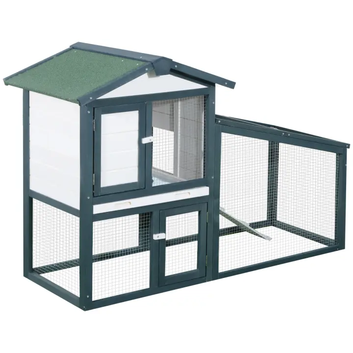 PawHut Conejera de Madera Exterior Jaula para Conejos de 2 Niveles con Bandeja Extraíble y Múltiples Entradas Techo de Asfalto Cobayas Gallinas 140x65x100 cm Verde - 1